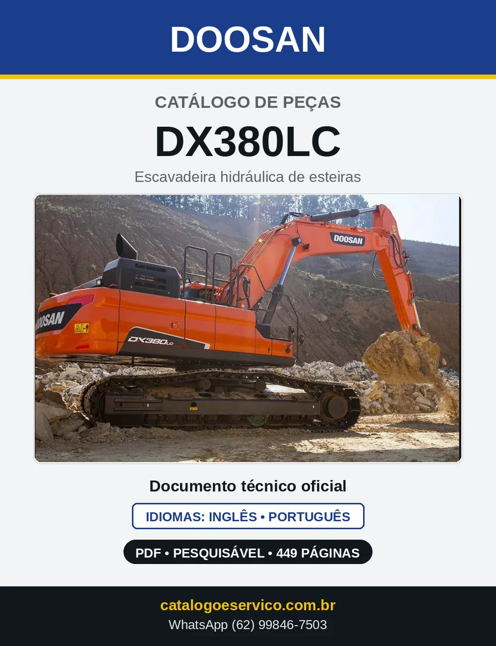 Capa do Catálogo de Peças Doosan DX380LC em PDF, inglês e português