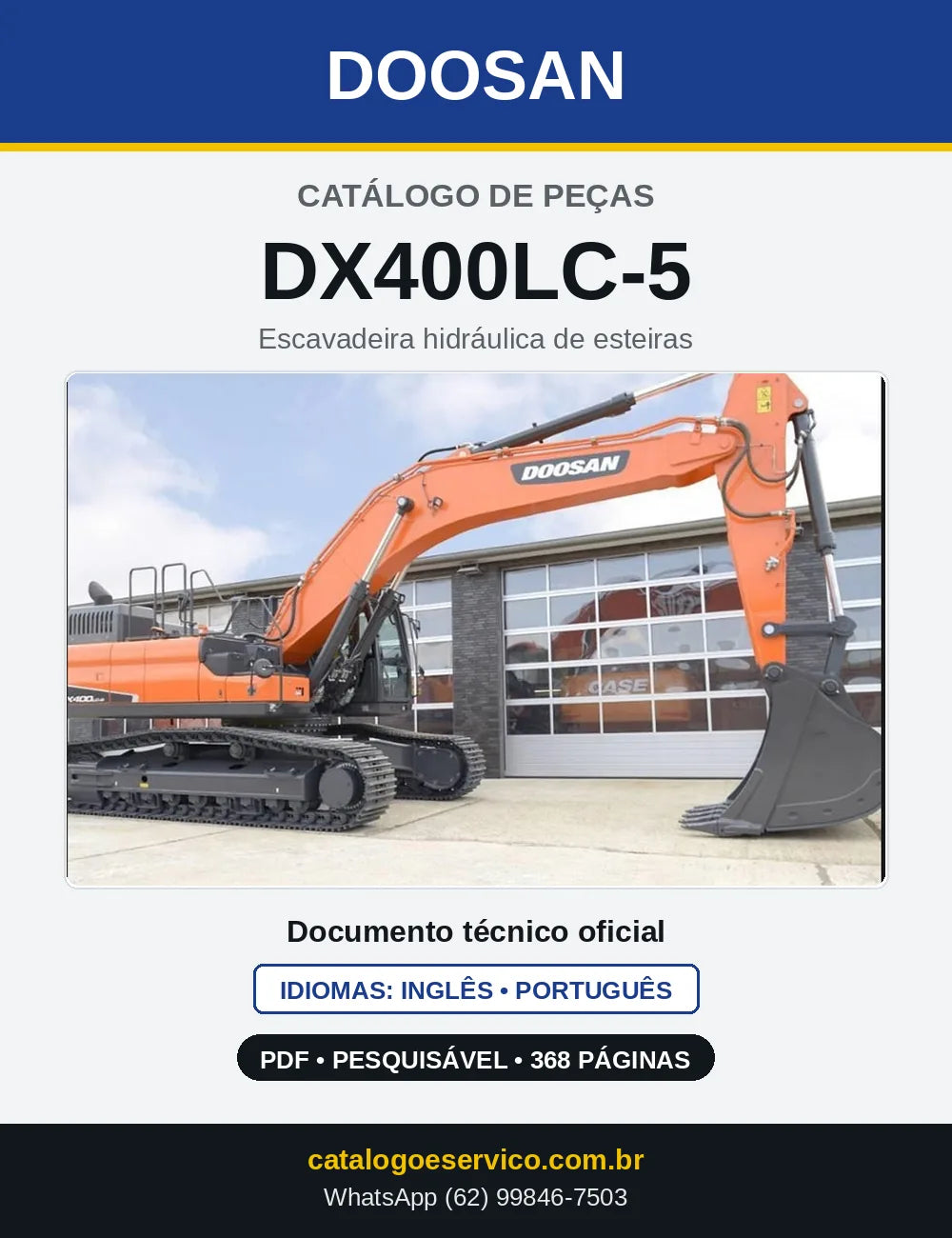 Capa do Catálogo de Peças Doosan DX400LC-5 em PDF, inglês e português
