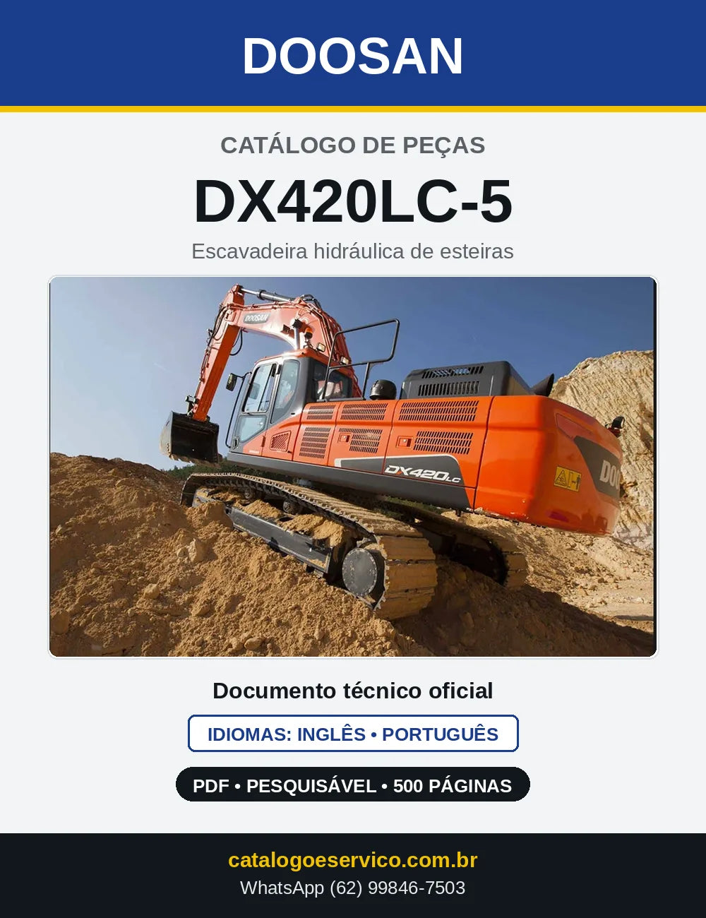 Capa do Catálogo de Peças Doosan DX420LC-5 em PDF, inglês e português