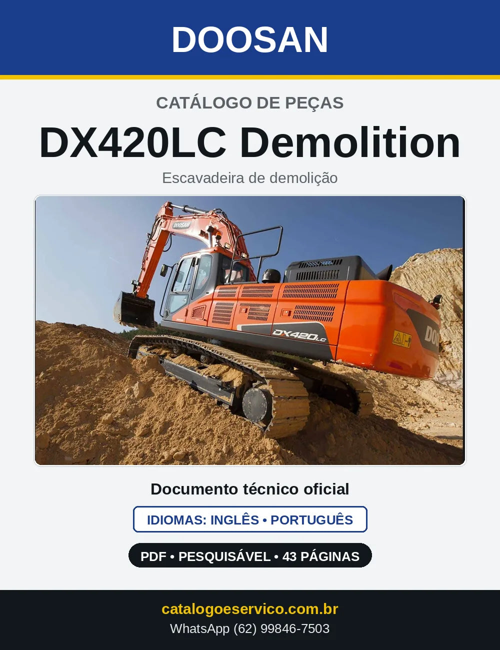 Capa do Catálogo de Peças Doosan DX420LC Demolition em PDF, inglês e português