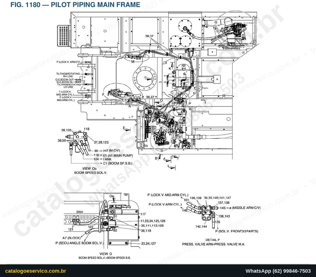 Vista explodida Pilot Piping Main Frame - Catálogo de Peças Doosan DX420LC Demolition