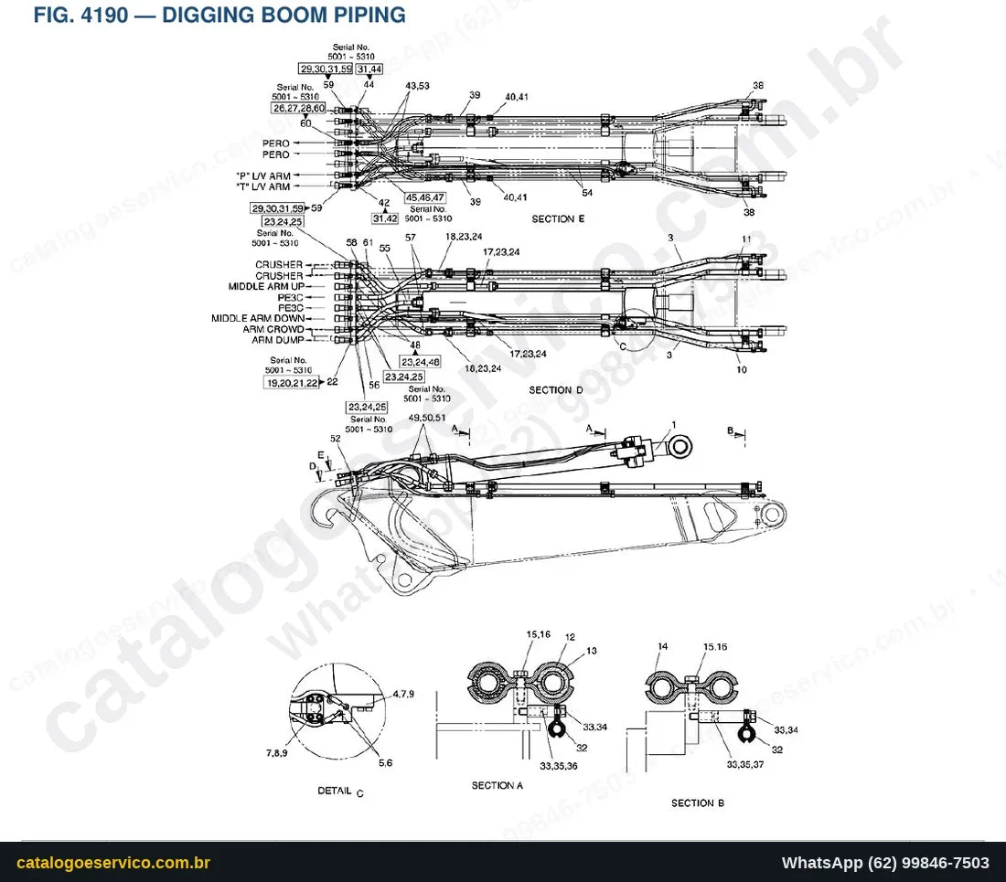 Vista explodida Digging Boom Piping - Catálogo de Peças Doosan DX420LC Demolition