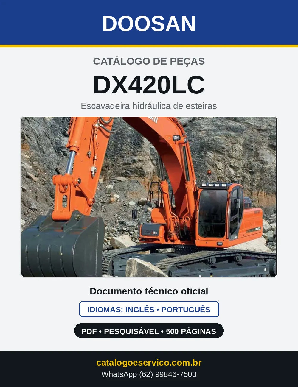 Capa do Catálogo de Peças Doosan DX420LC em PDF, inglês e português