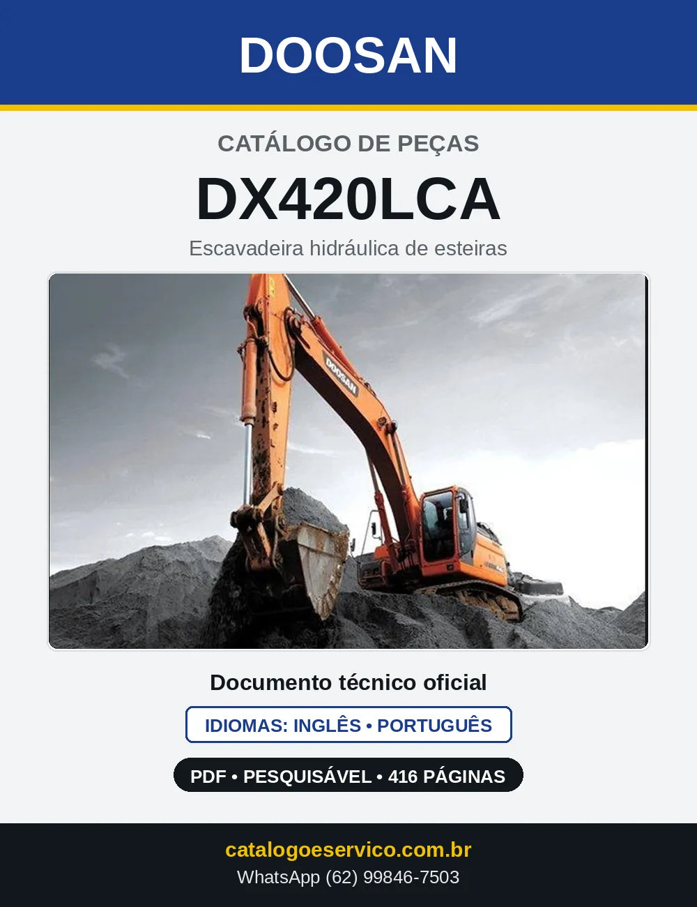 Capa do Catálogo de Peças Doosan DX420LCA em PDF, inglês e português