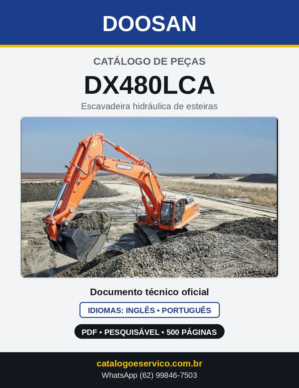 Capa do Catálogo de Peças Doosan DX480LCA em PDF, inglês e português