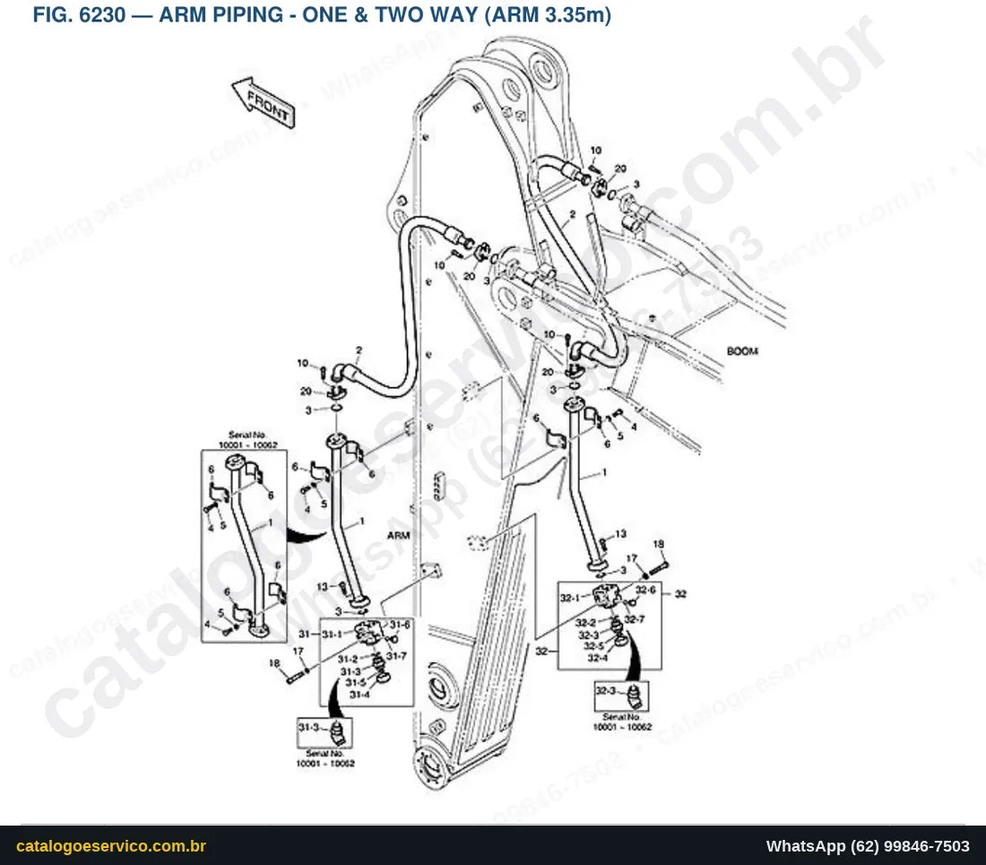 Vista explodida Arm Piping - One & Two Way (Arm 3.35M) - Catálogo de Peças Doosan DX520LCA