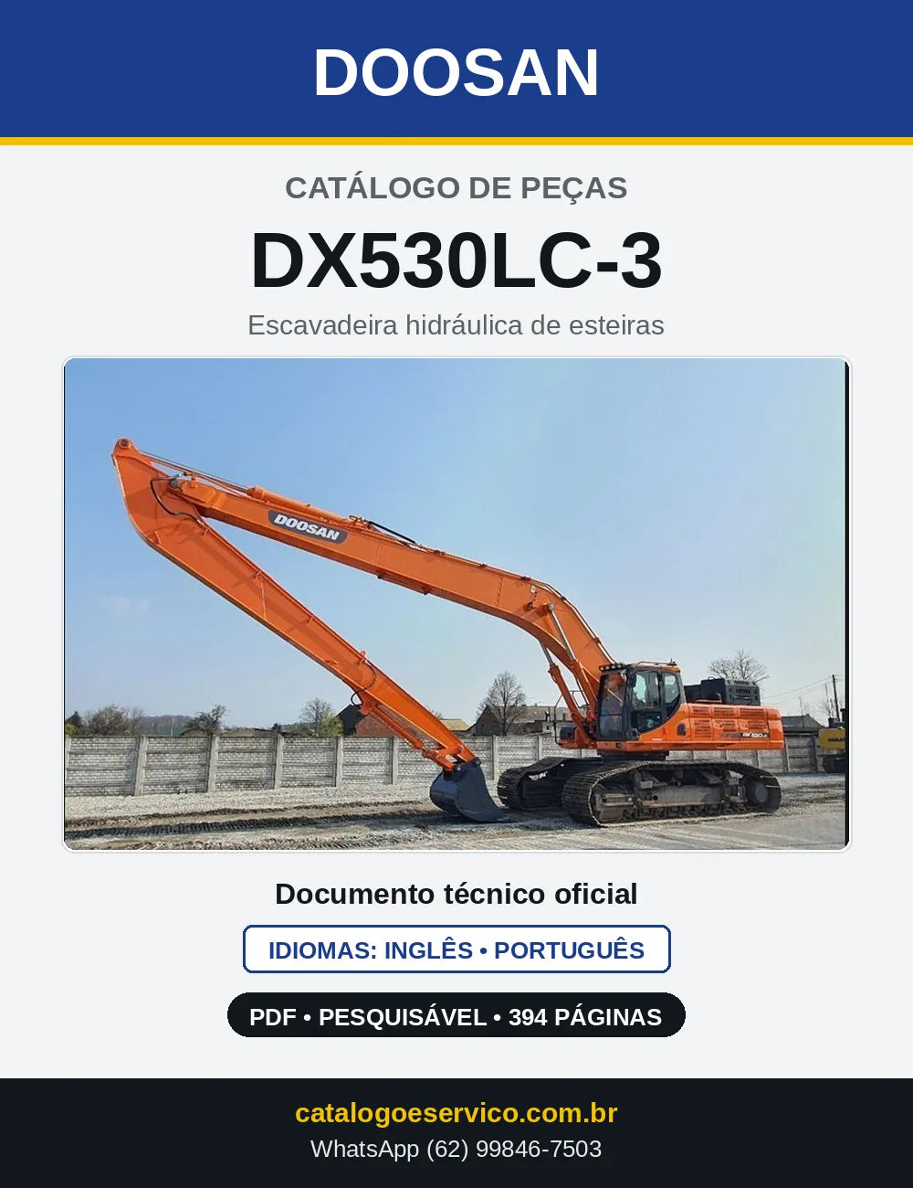 Capa do Catálogo de Peças Doosan DX530LC-3 em PDF, inglês e português