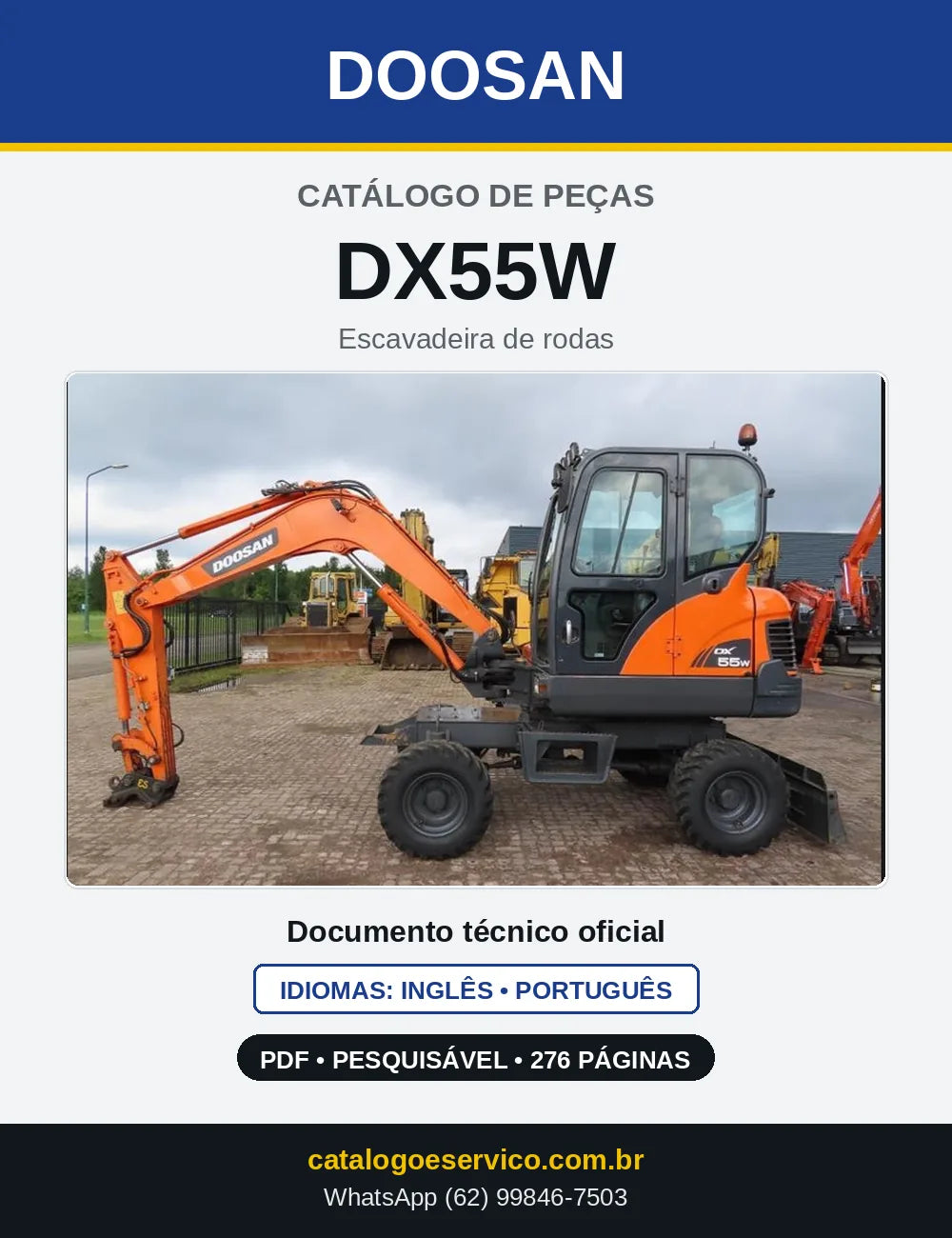 Capa do Catálogo de Peças Doosan DX55W em PDF, inglês e português