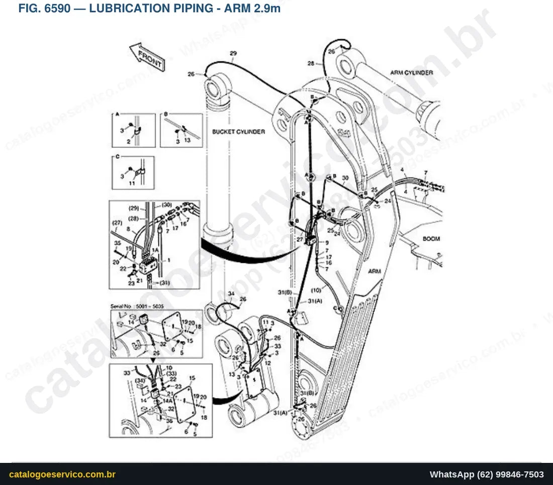 Vista explodida Lubrication Piping - Arm 2.9M - Catálogo de Peças Doosan DX700LC