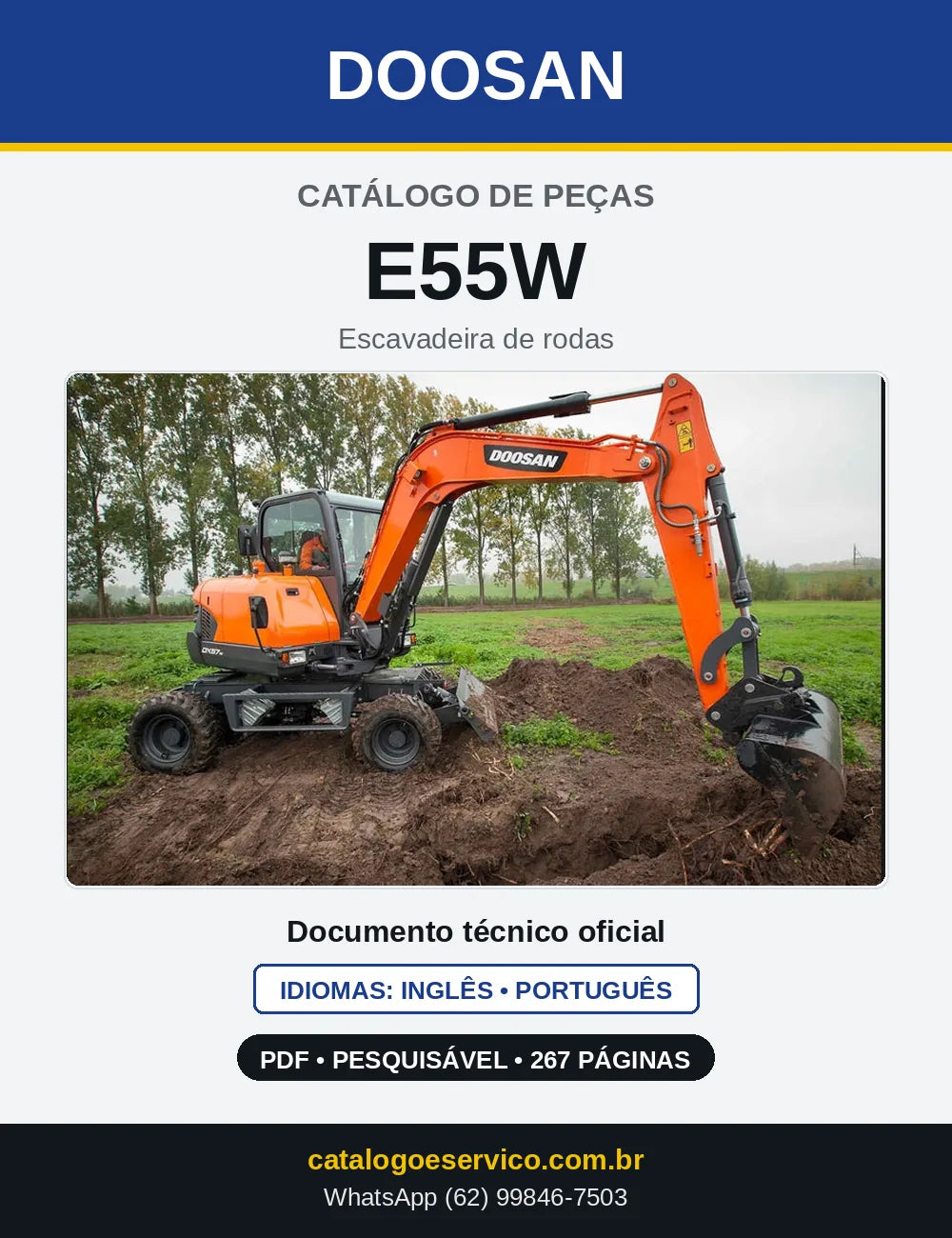 Capa do Catálogo de Peças Doosan E55W em PDF, inglês e português