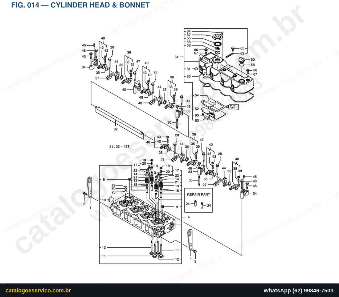 Vista explodida Cylinder Head & Bonnet - Catálogo de Peças Doosan E55W