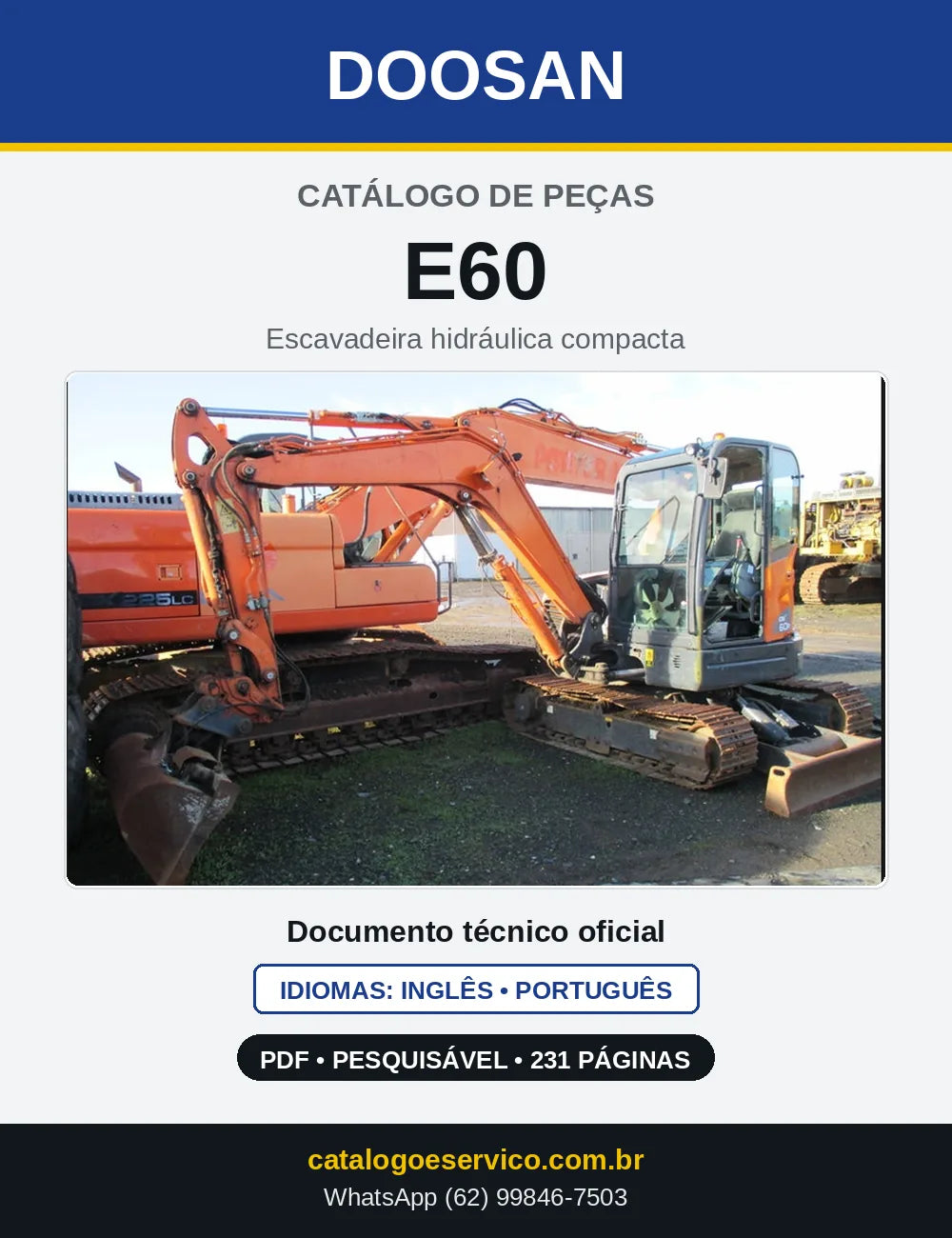 Capa do Catálogo de Peças Doosan E60 em PDF, inglês e português