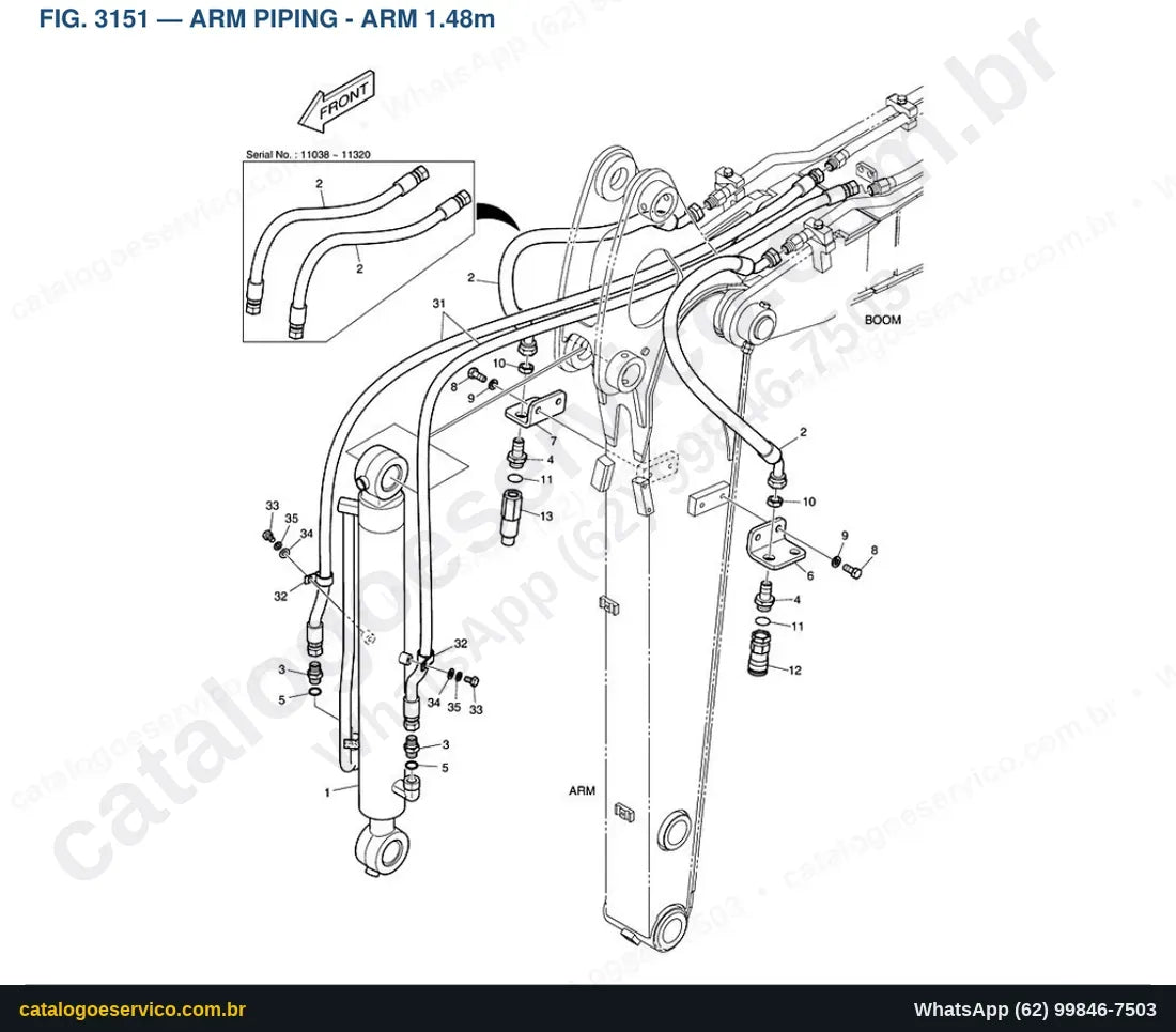 Vista explodida Arm Piping - Arm 1.48M - Catálogo de Peças Doosan E60