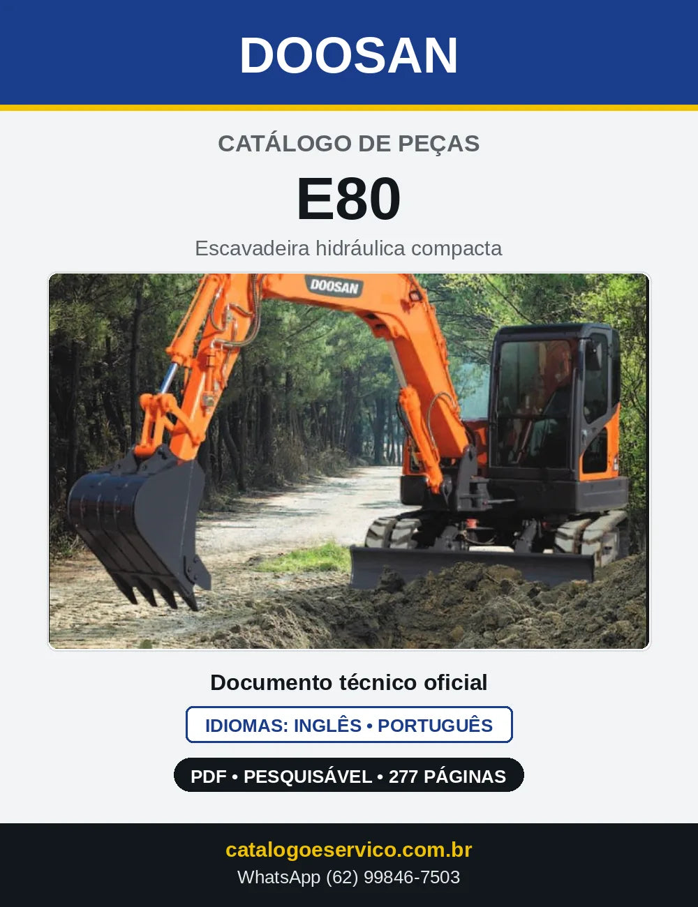 Capa do Catálogo de Peças Doosan E80 em PDF, inglês e português