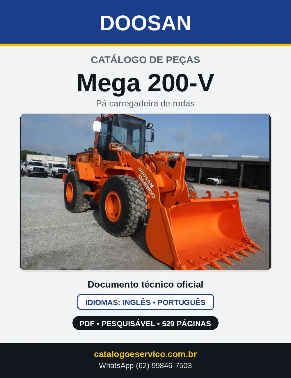 Capa do Catálogo de Peças Doosan Mega 200-V em PDF, inglês e português