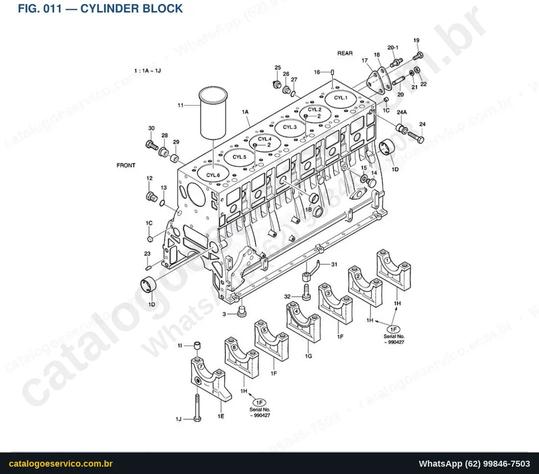 Vista explodida Cylinder Block - Catálogo de Peças Doosan Mega 250-III