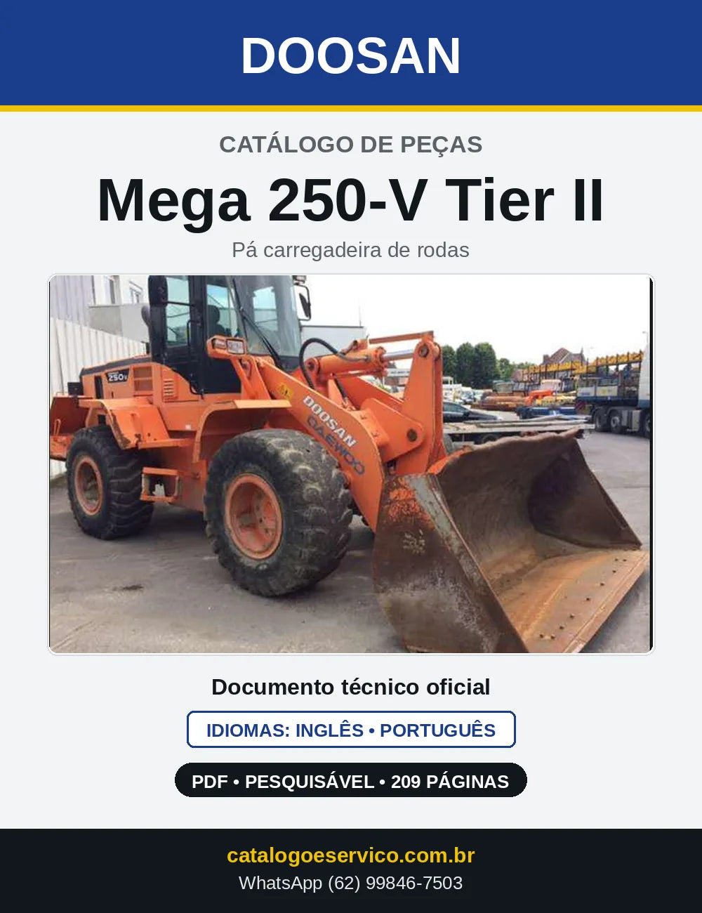 Capa do Catálogo de Peças Doosan Mega 250-V Tier II em PDF, inglês e português