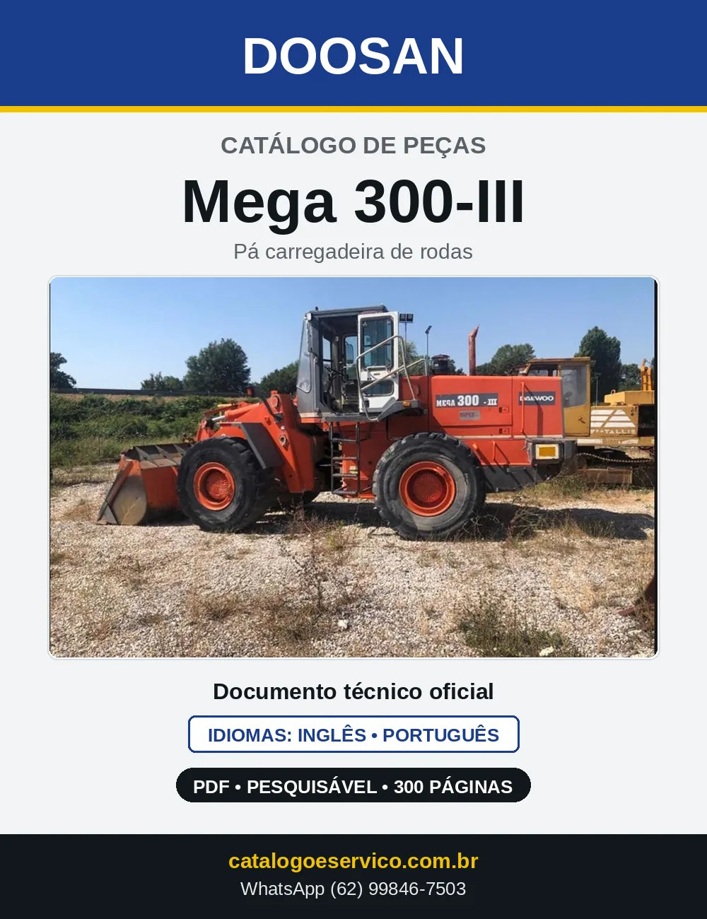 Capa do Catálogo de Peças Doosan Mega 300-III em PDF, inglês e português