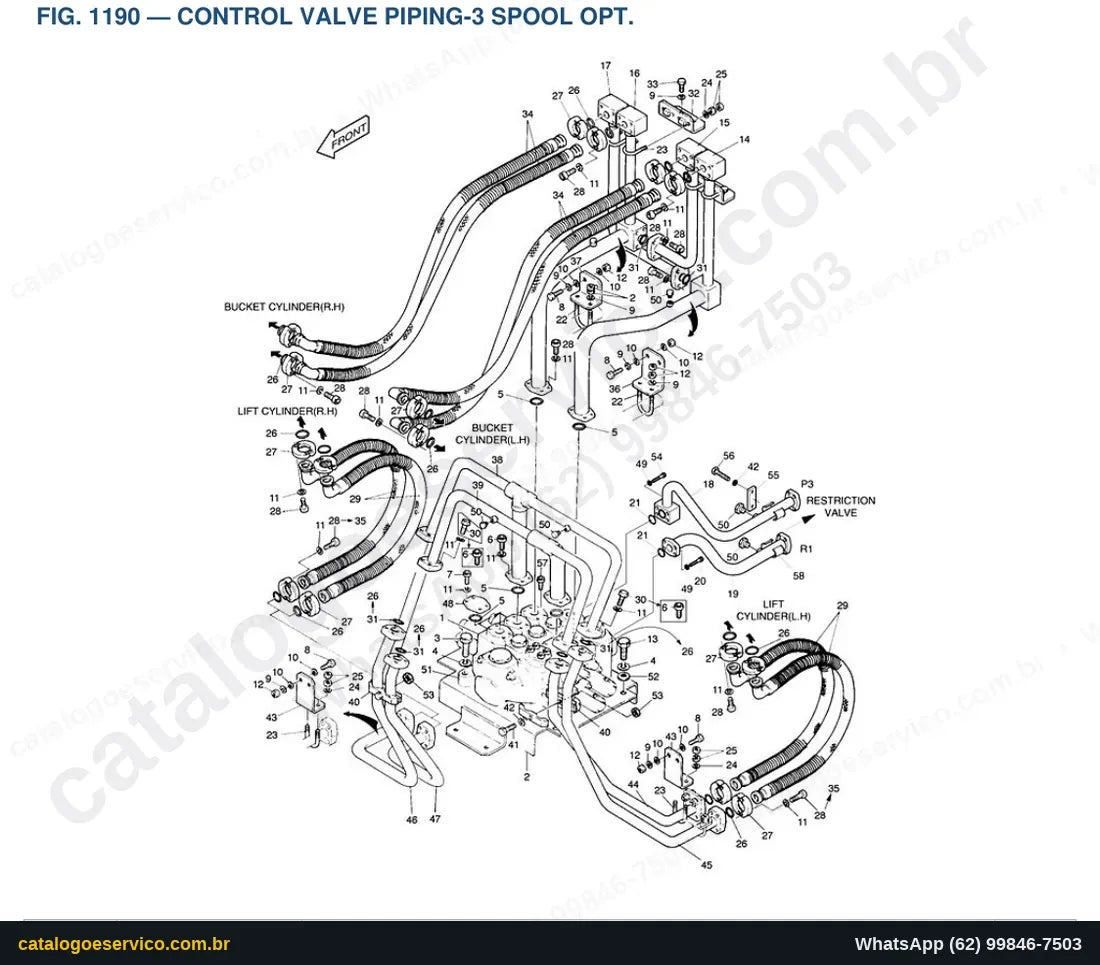 Vista explodida Control Valve Piping-3 Spool Opt. - Catálogo de Peças Doosan Mega 300-III