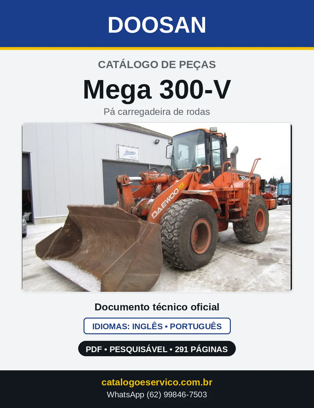 Capa do Catálogo de Peças Doosan Mega 300-V em PDF, inglês e português
