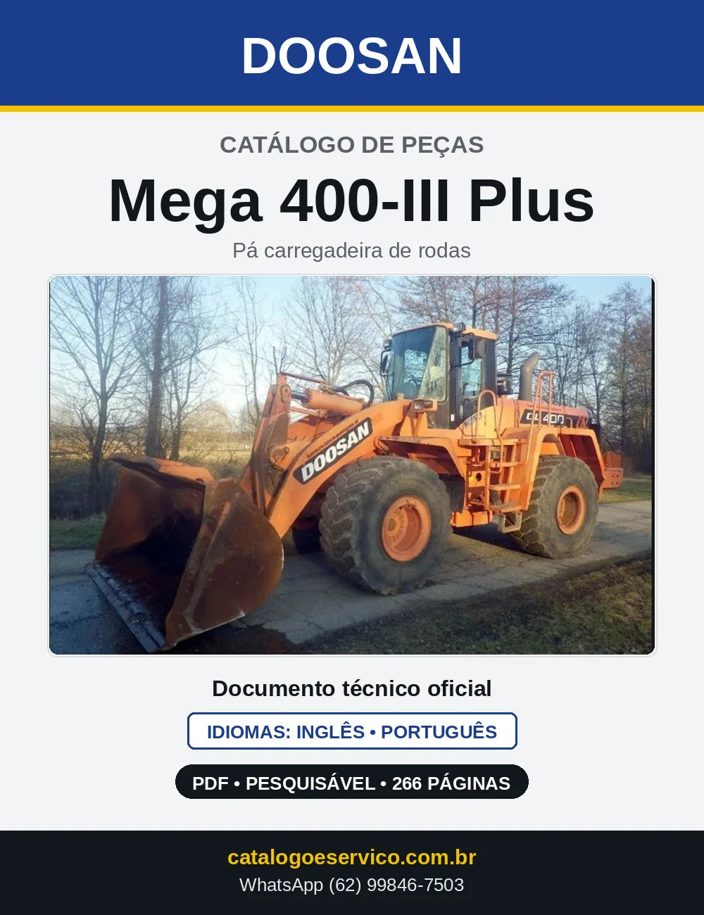 Capa do Catálogo de Peças Doosan Mega 400-III Plus em PDF, inglês e português