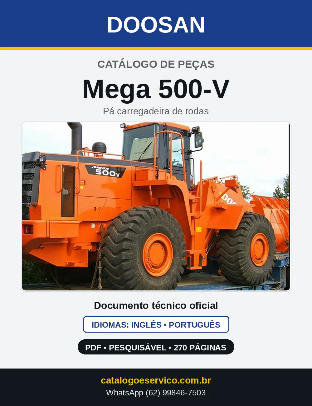 Capa do Catálogo de Peças Doosan Mega 500-V em PDF, inglês e português