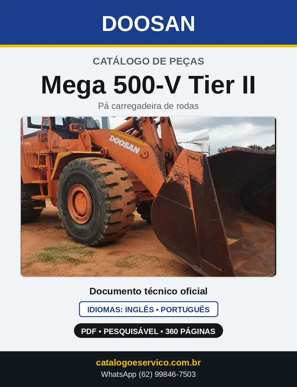 Capa do Catálogo de Peças Doosan Mega 500-V Tier II em PDF, inglês e português