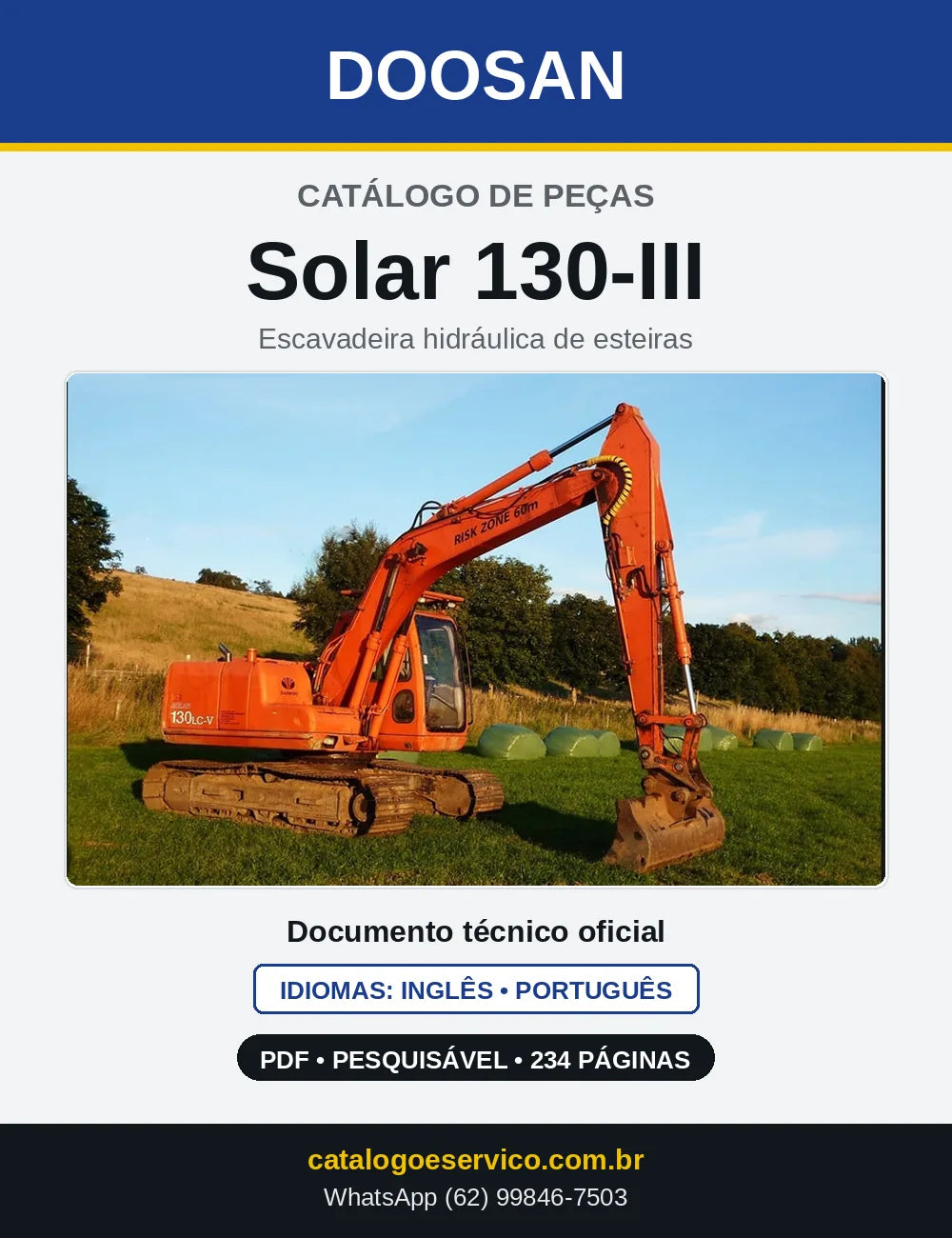 Capa do Catálogo de Peças Doosan Solar 130-III em PDF, inglês e português