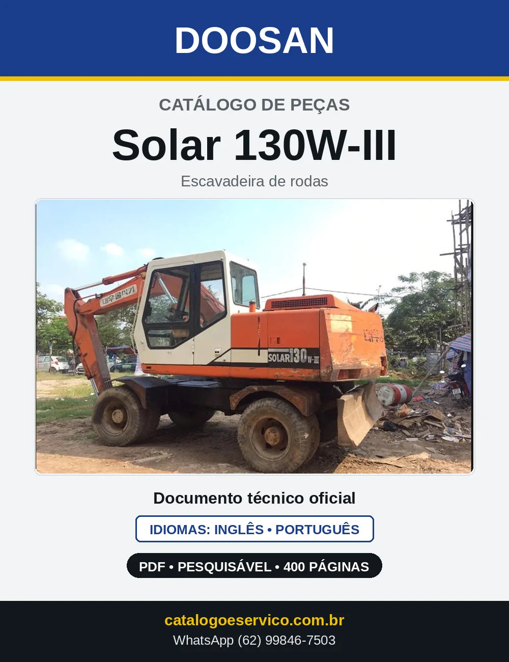 Capa do Catálogo de Peças Doosan Solar 130W-III em PDF, inglês e português