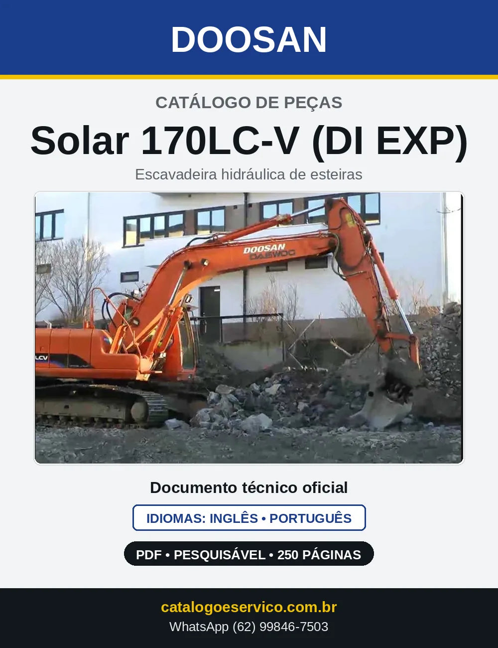 Capa do Catálogo de Peças Doosan Solar 170LC-V (DI EXP) em PDF, inglês e português