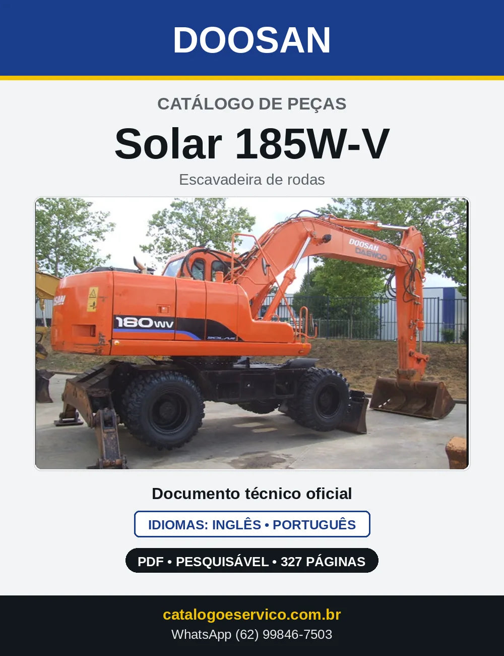 Capa do Catálogo de Peças Doosan Solar 185W-V em PDF, inglês e português