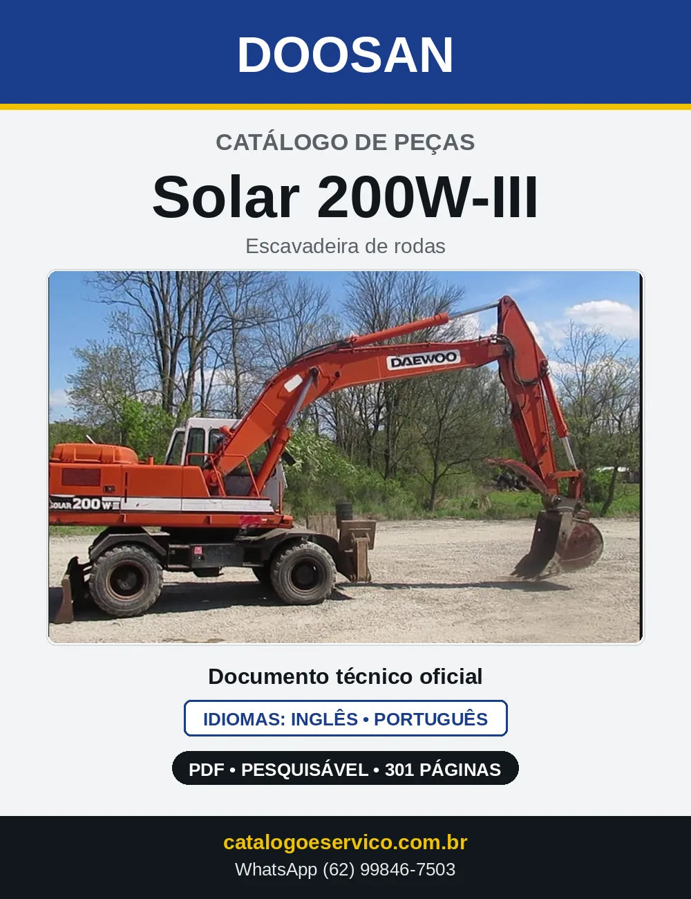 Capa do Catálogo de Peças Doosan Solar 200W-III em PDF, inglês e português