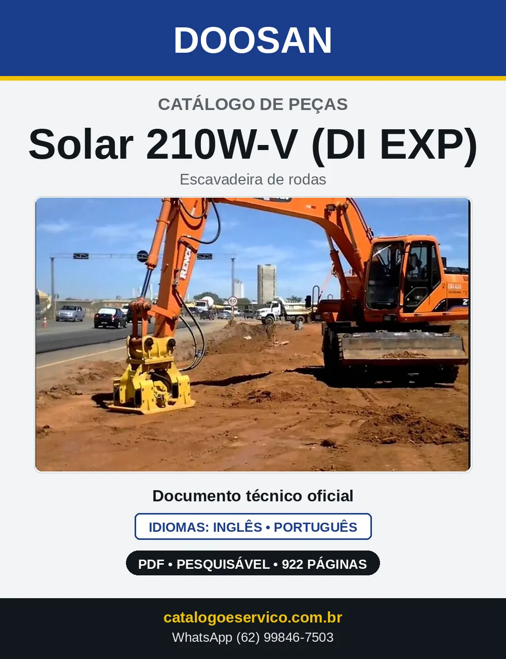 Capa do Catálogo de Peças Doosan Solar 210W-V (DI EXP) em PDF, inglês e português
