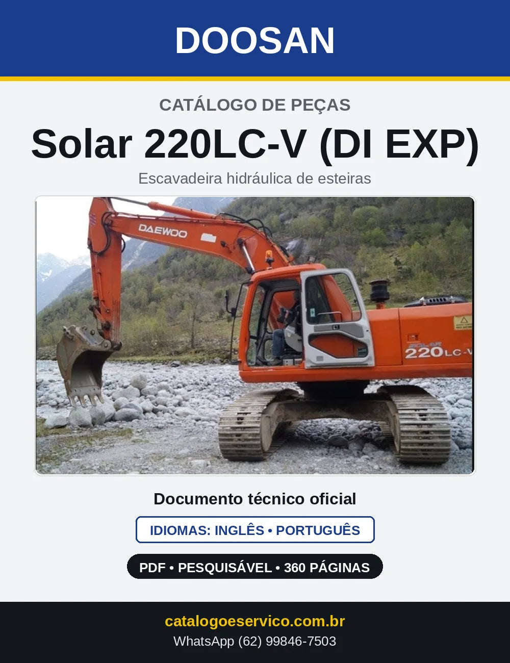 Capa do Catálogo de Peças Doosan Solar 220LC-V (DI EXP) em PDF, inglês e português