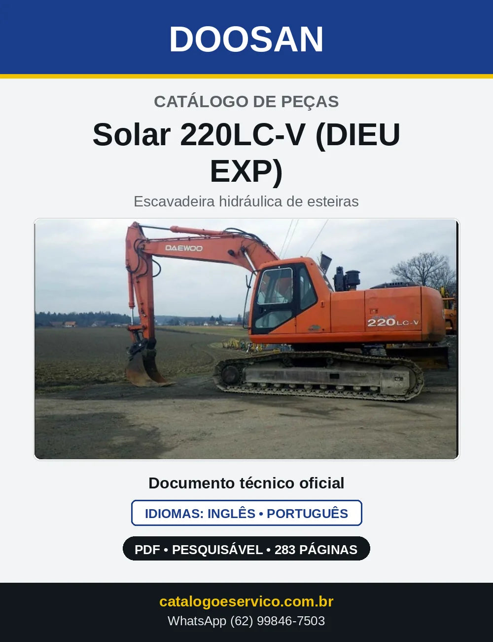 Capa do Catálogo de Peças Doosan Solar 220LC-V (DIEU EXP) em PDF, inglês e português
