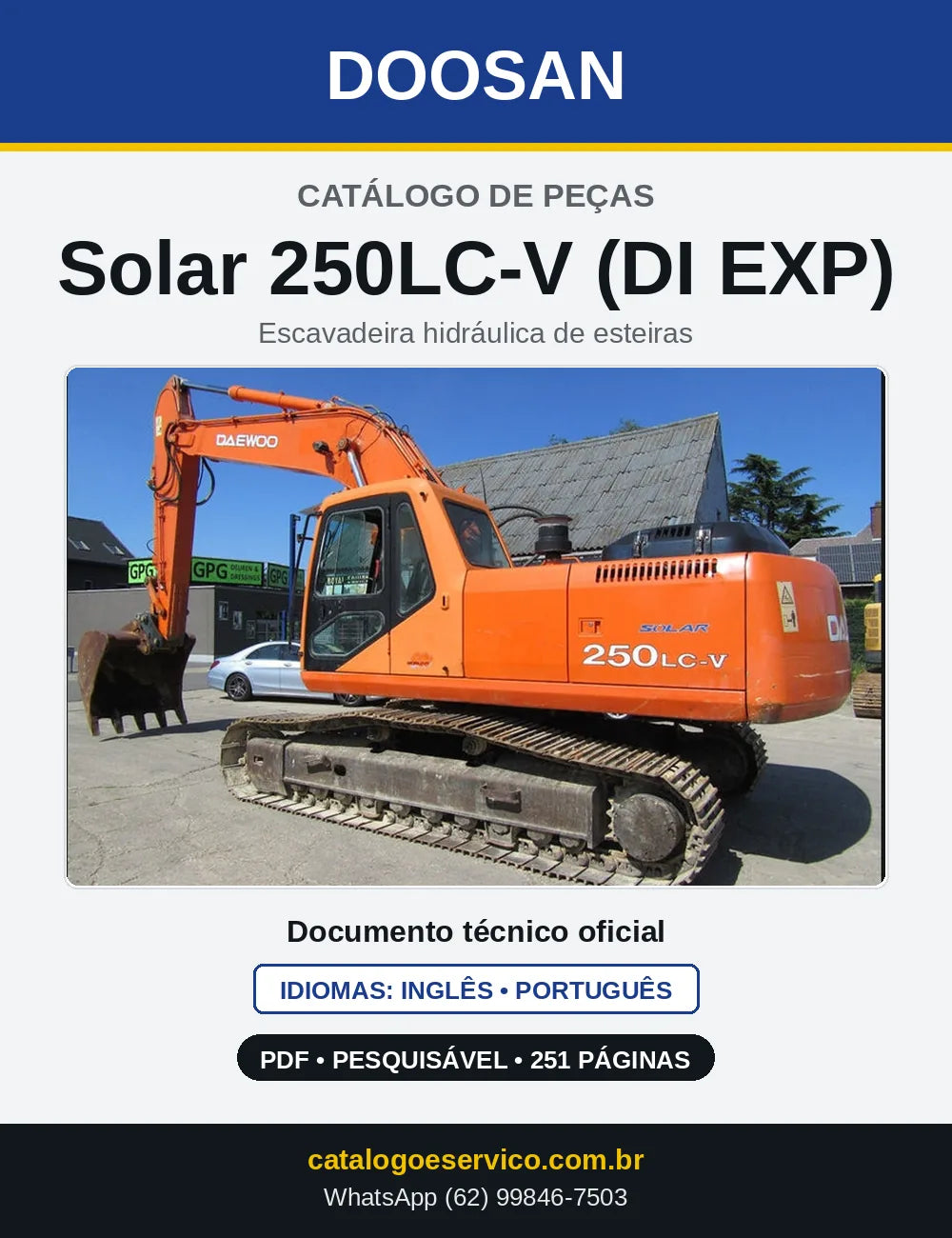 Capa do Catálogo de Peças Doosan Solar 250LC-V (DI EXP) em PDF, inglês e português