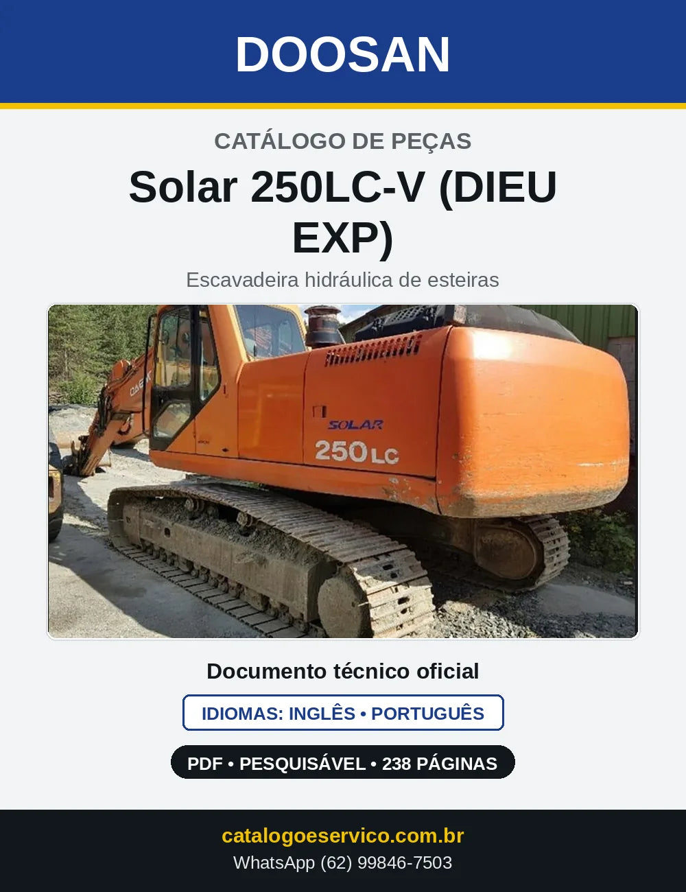 Capa do Catálogo de Peças Doosan Solar 250LC-V (DIEU EXP) em PDF, inglês e português