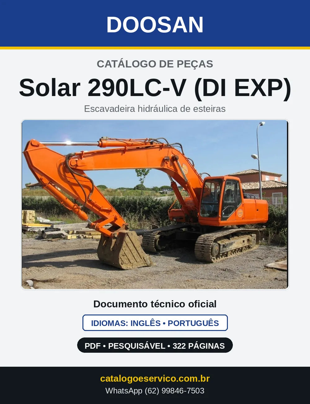 Capa do Catálogo de Peças Doosan Solar 290LC-V (DI EXP) em PDF, inglês e português