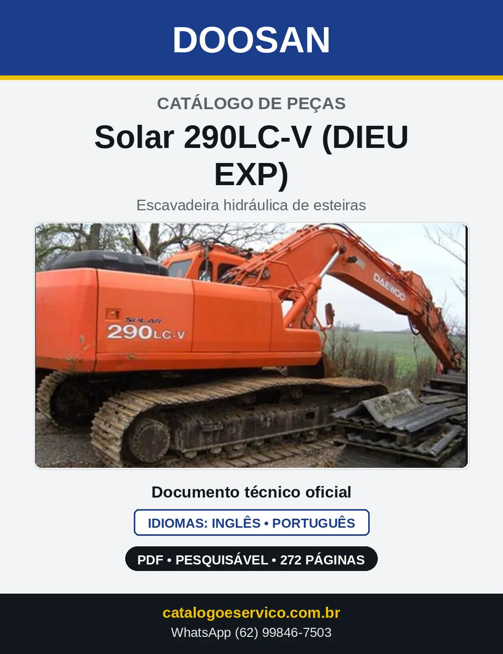 Capa do Catálogo de Peças Doosan Solar 290LC-V (DIEU EXP) em PDF, inglês e português