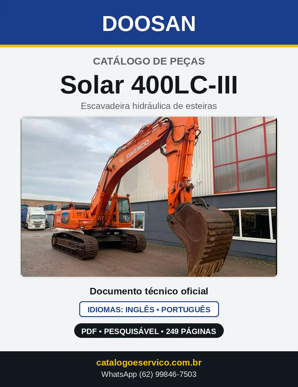 Capa do Catálogo de Peças Doosan Solar 400LC-III em PDF, inglês e português
