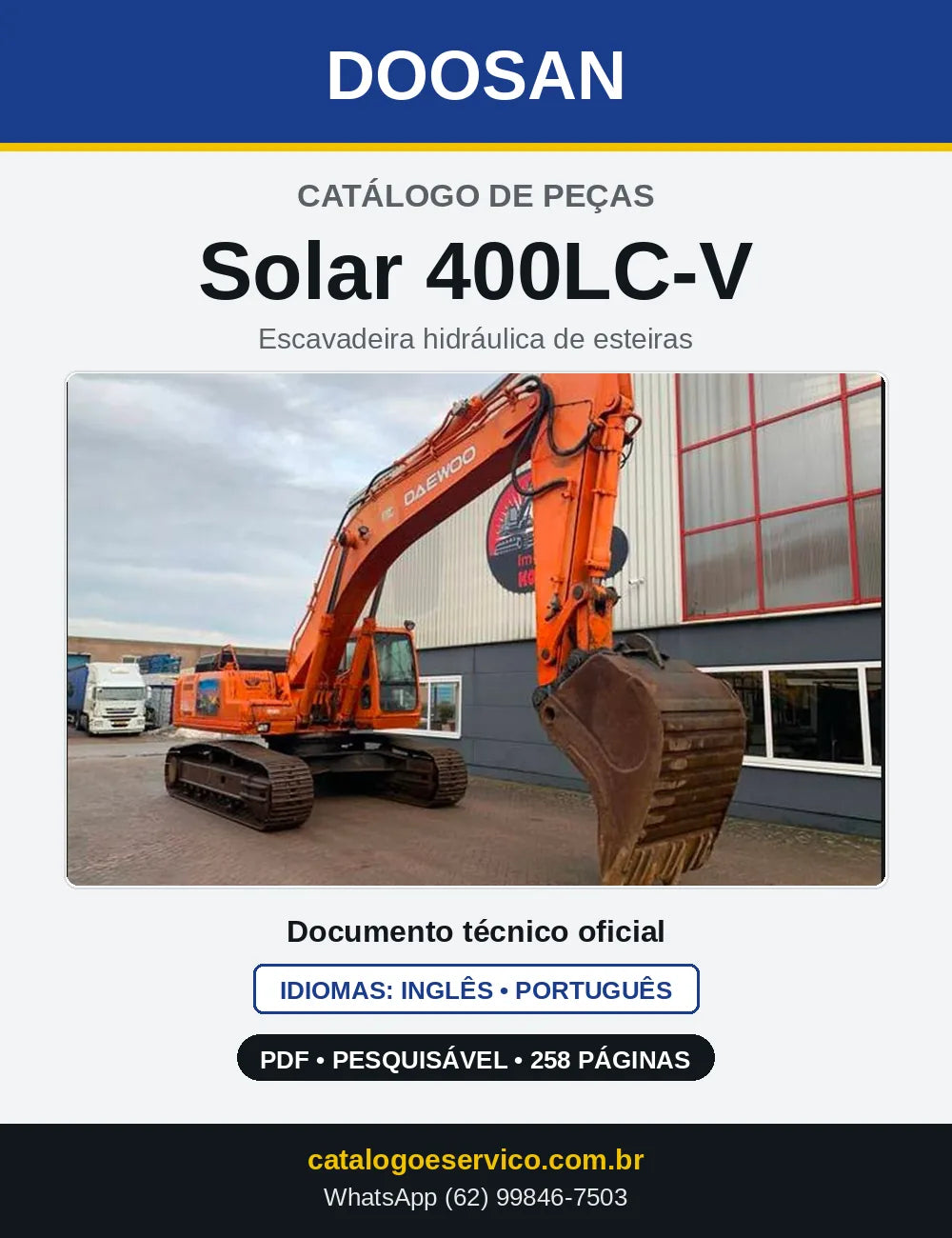 Capa do Catálogo de Peças Doosan Solar 400LC-V em PDF, inglês e português