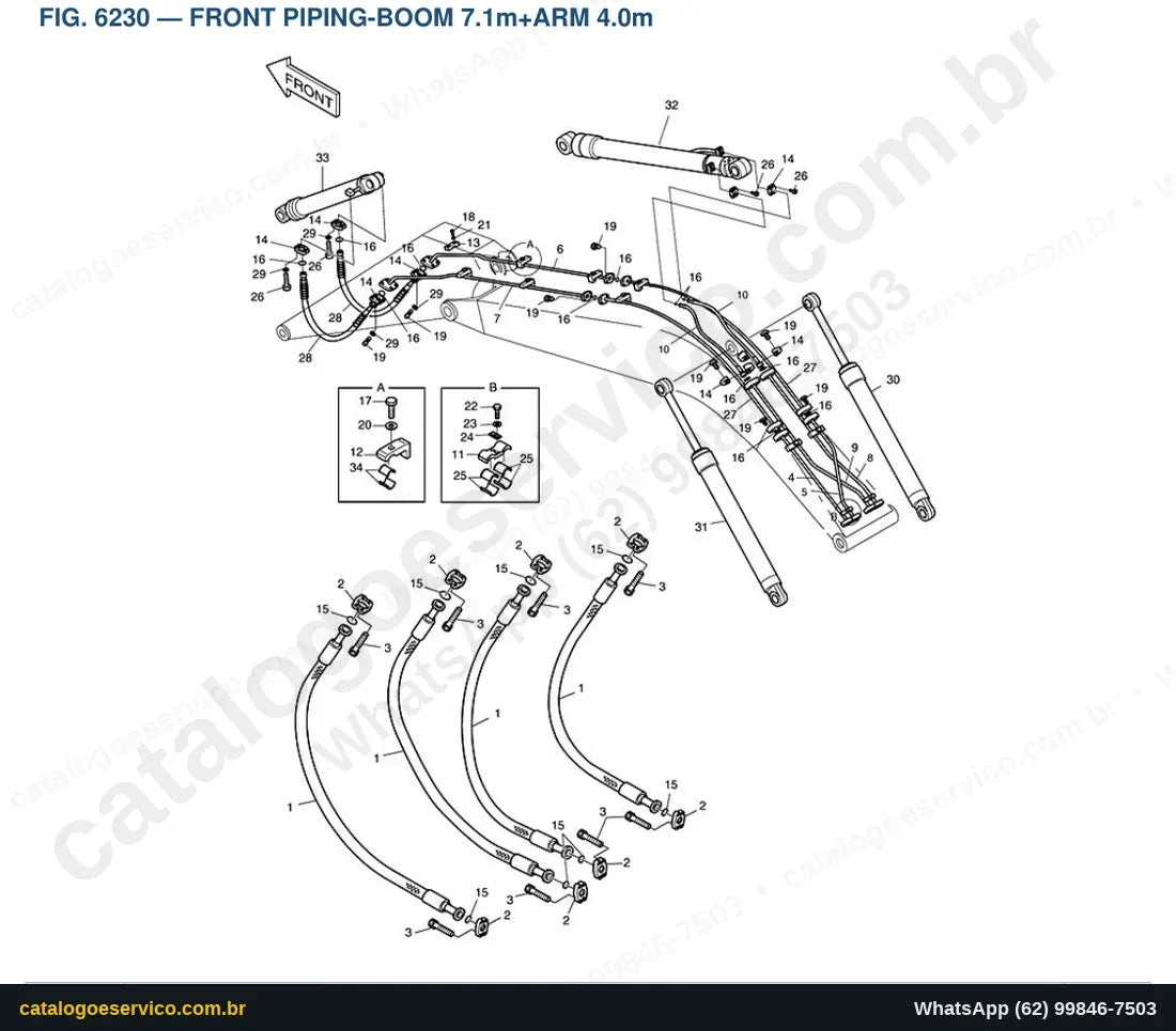 Vista explodida Front Piping-Boom 7.1M+Arm 4.0M - Catálogo de Peças Doosan Solar 450LC-V