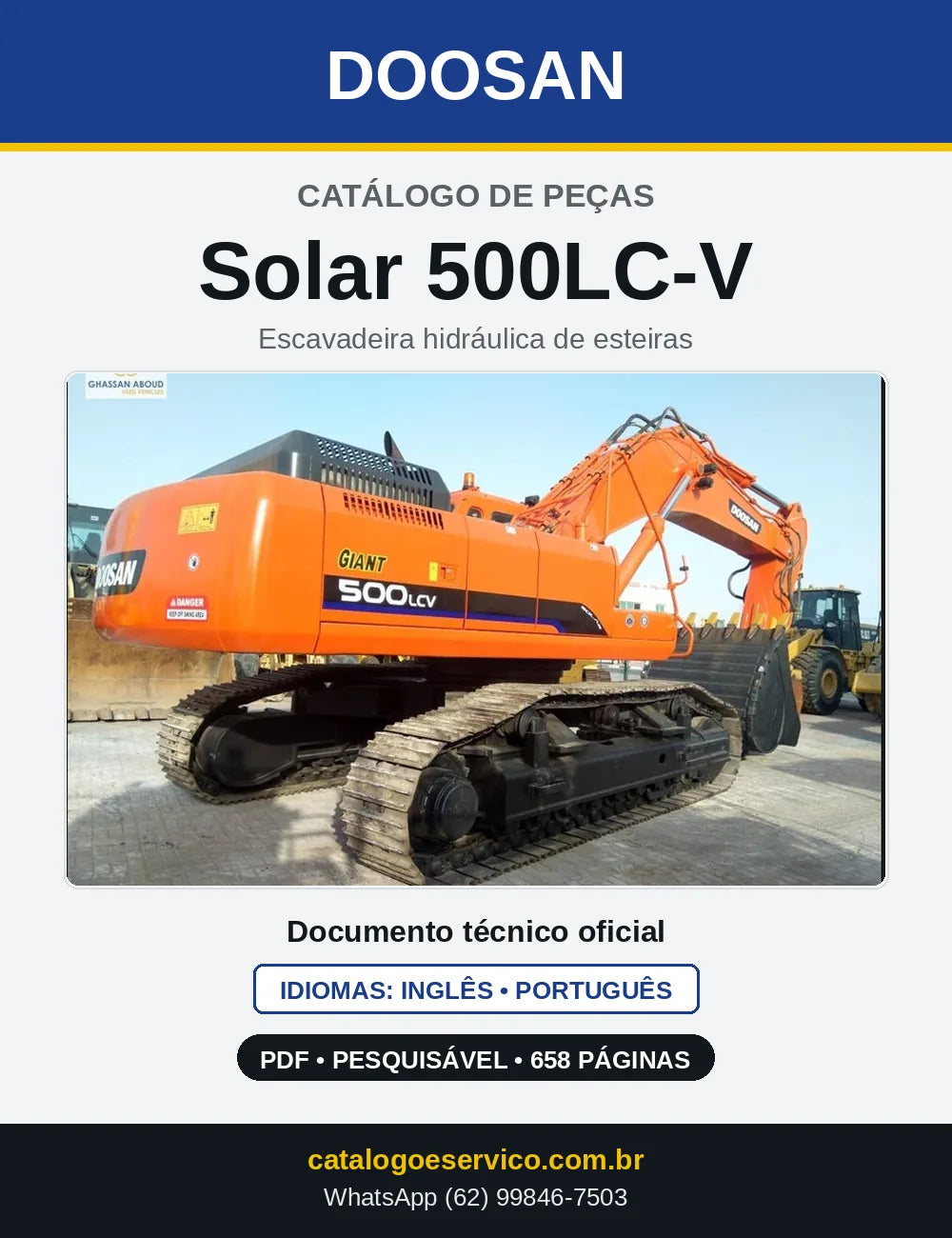 Capa do Catálogo de Peças Doosan Solar 500LC-V em PDF, inglês e português
