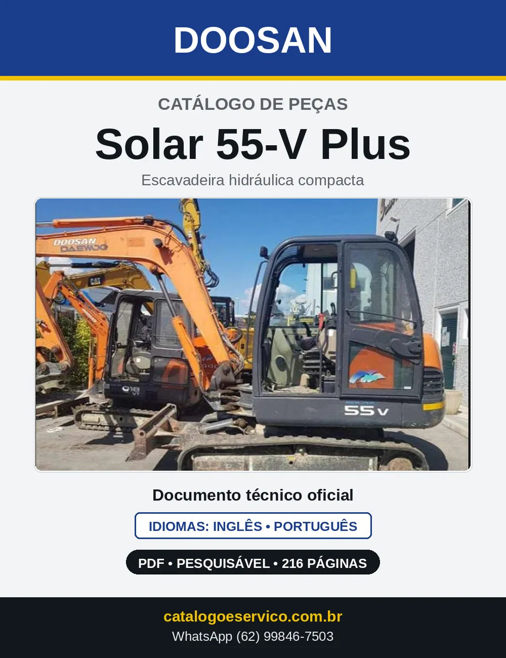 Capa do Catálogo de Peças Doosan Solar 55-V Plus em PDF, inglês e português