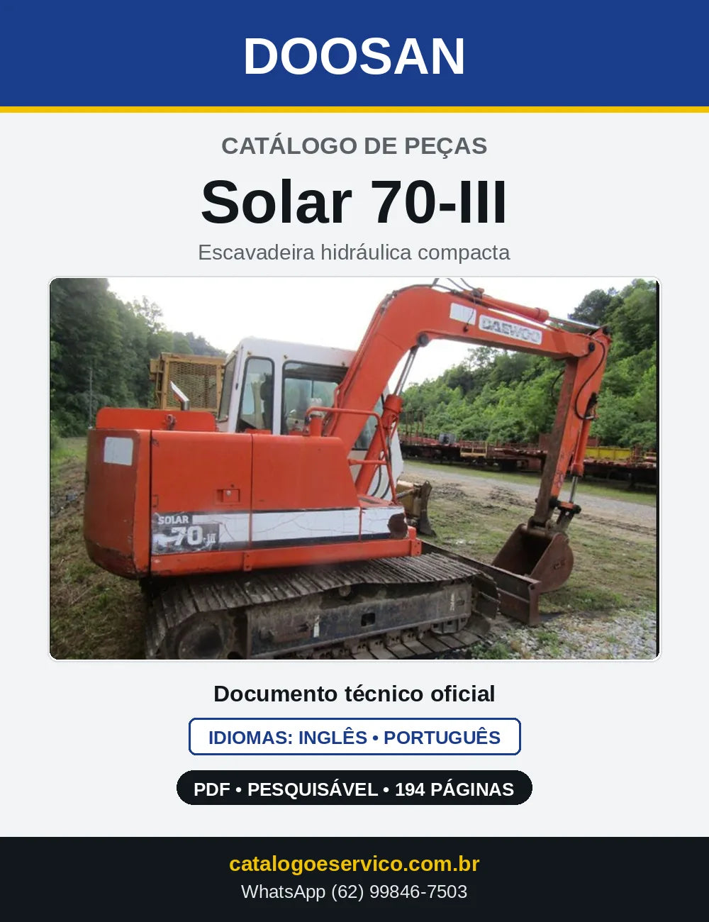 Capa do Catálogo de Peças Doosan Solar 70-III em PDF, inglês e português