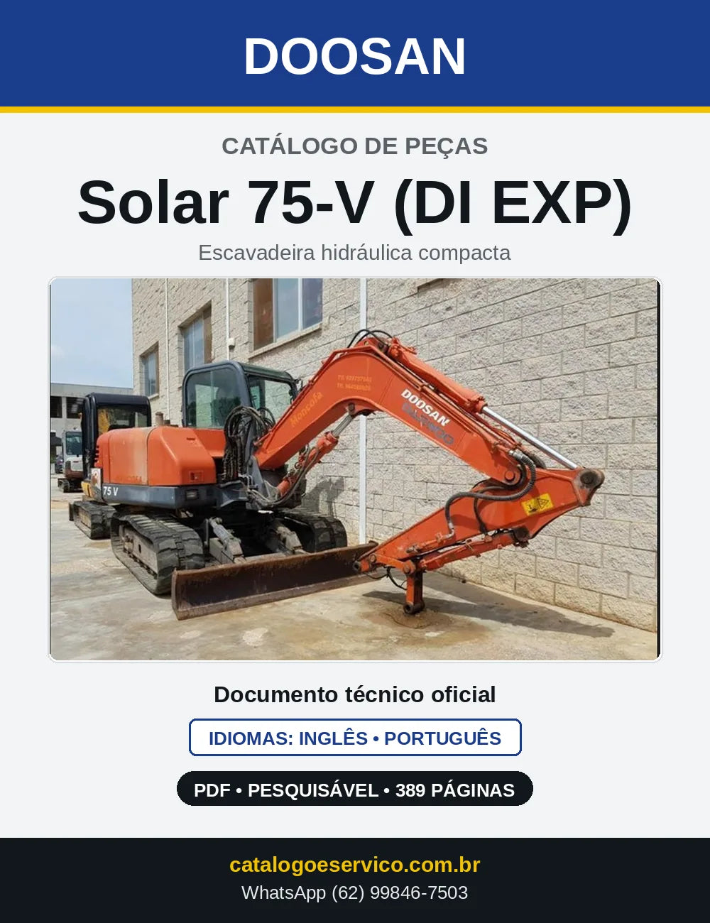 Capa do Catálogo de Peças Doosan Solar 75-V (DI EXP) em PDF, inglês e português