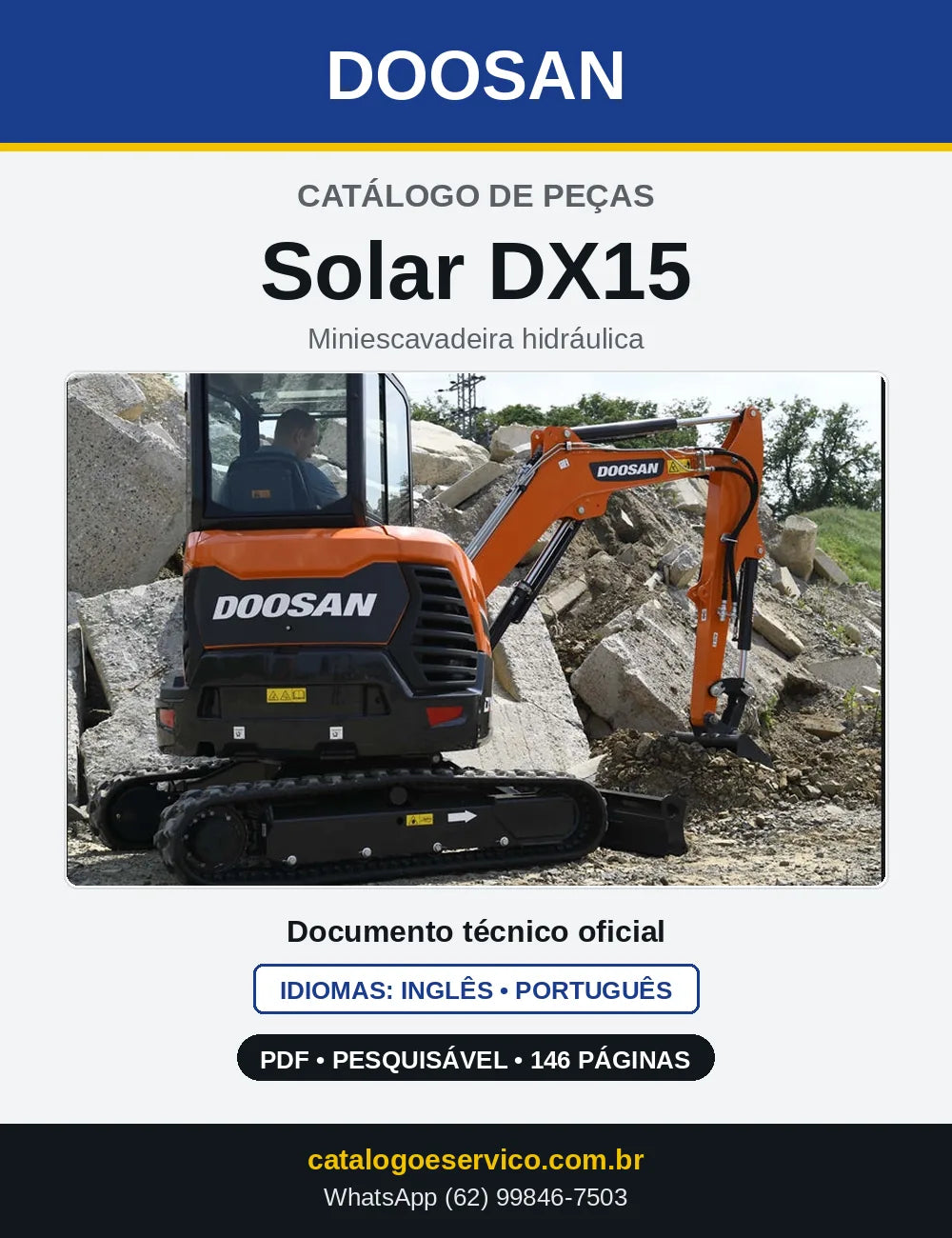Capa do Catálogo de Peças Doosan Solar DX15 em PDF, inglês e português
