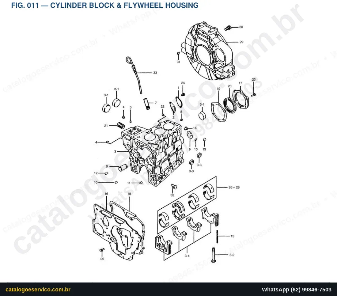 Vista explodida Cylinder Block & Flywheel Housing - Catálogo de Peças Doosan Solar DX15