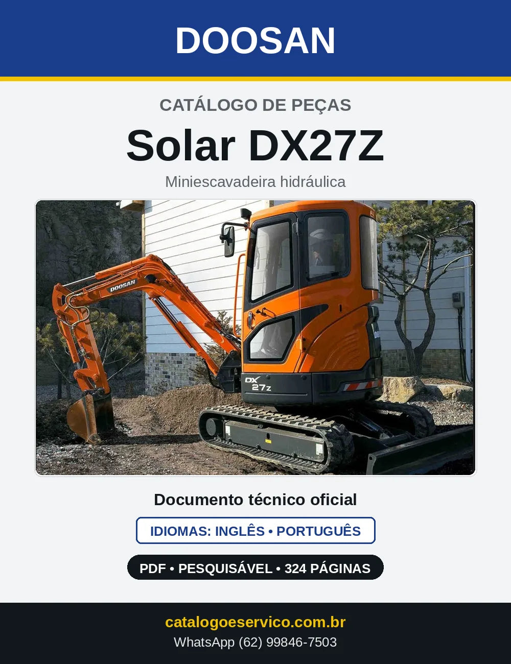 Capa do Catálogo de Peças Doosan Solar DX27Z em PDF, inglês e português