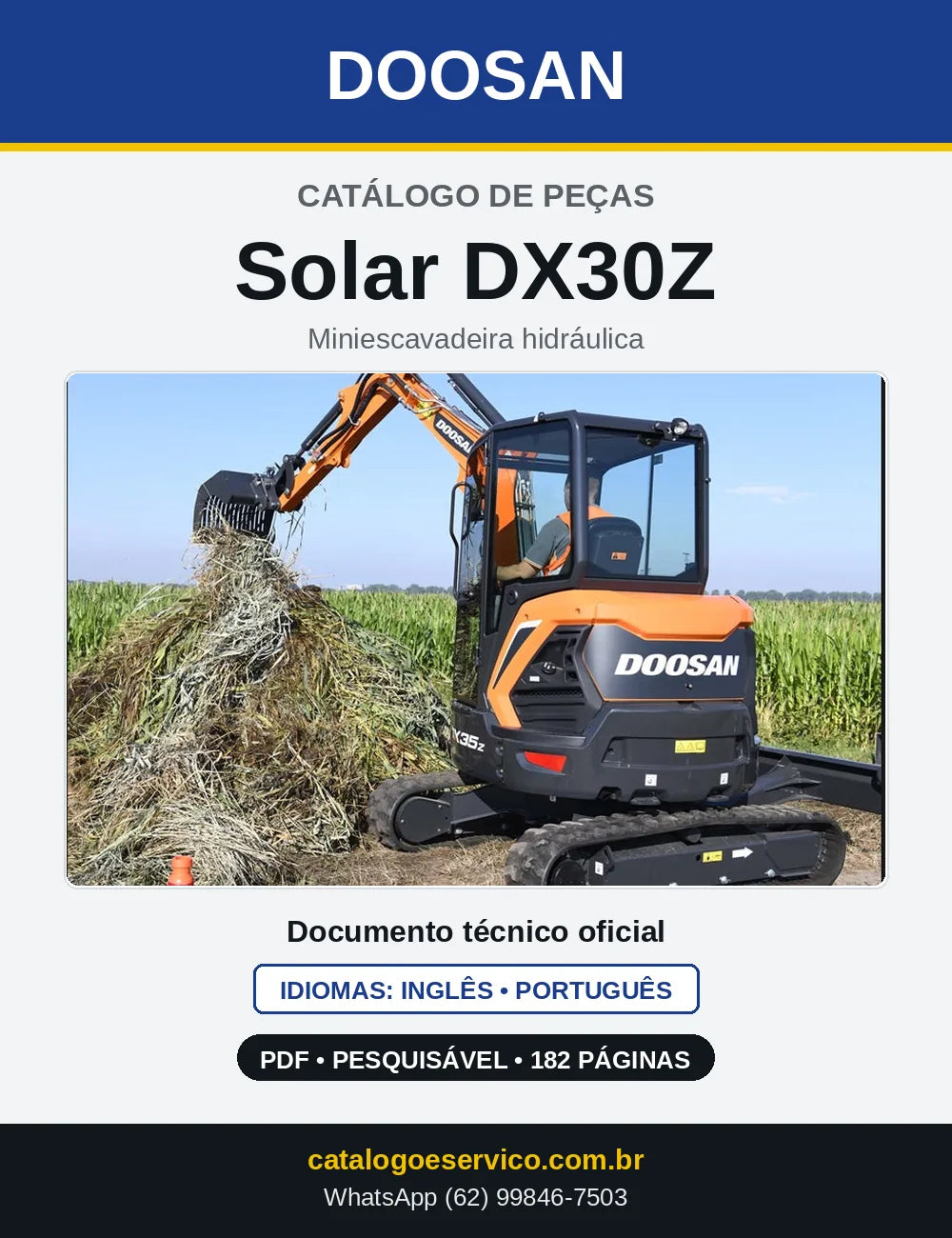 Capa do Catálogo de Peças Doosan Solar DX30Z em PDF, inglês e português